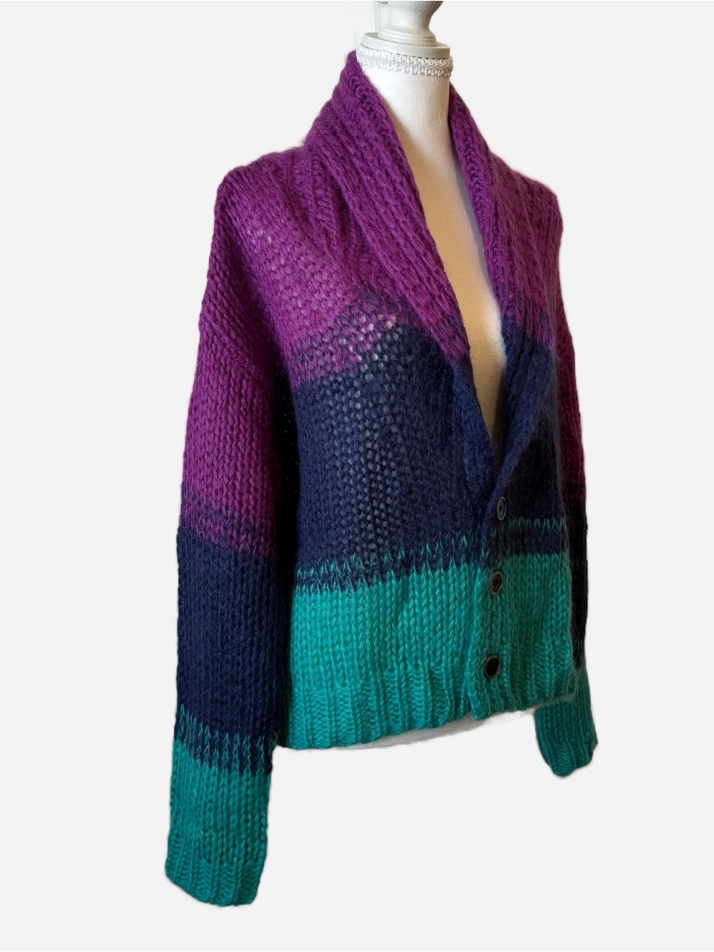 Spiritual Gangster Royce Cardigan NWT Small Purple Teal Navy Colorblock Sweater - Picture 4 of 11